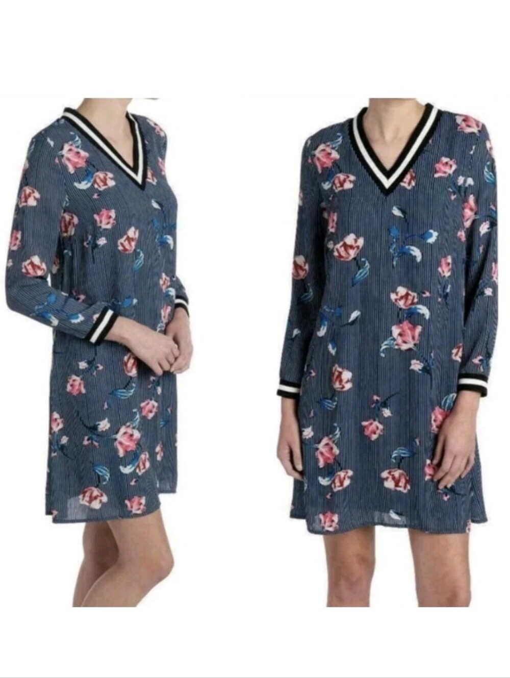 Luxology Long Sleeve Navy + White Pinstriped Floral V Neck Shift Dress. Size 8